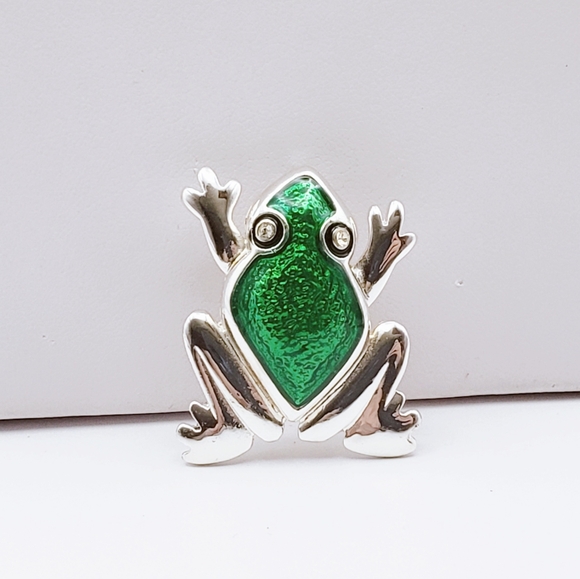 Cute Frog Toad Green Enamel Silver Tone - Picture 1 of 5